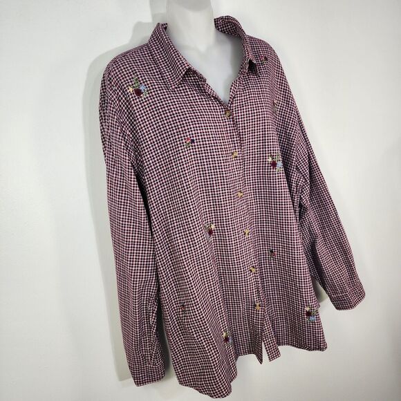 Cabin Creek Shirt Size 22W Long Sleeve Button Plaid Cotton Embroidered Flowers - Picture 4 of 8